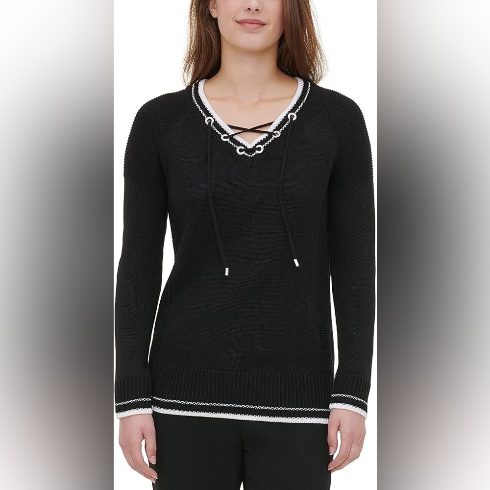 Calvin Klein Black V-Neck Sweater Lace Up White Striped Cuffs Hem Neckline